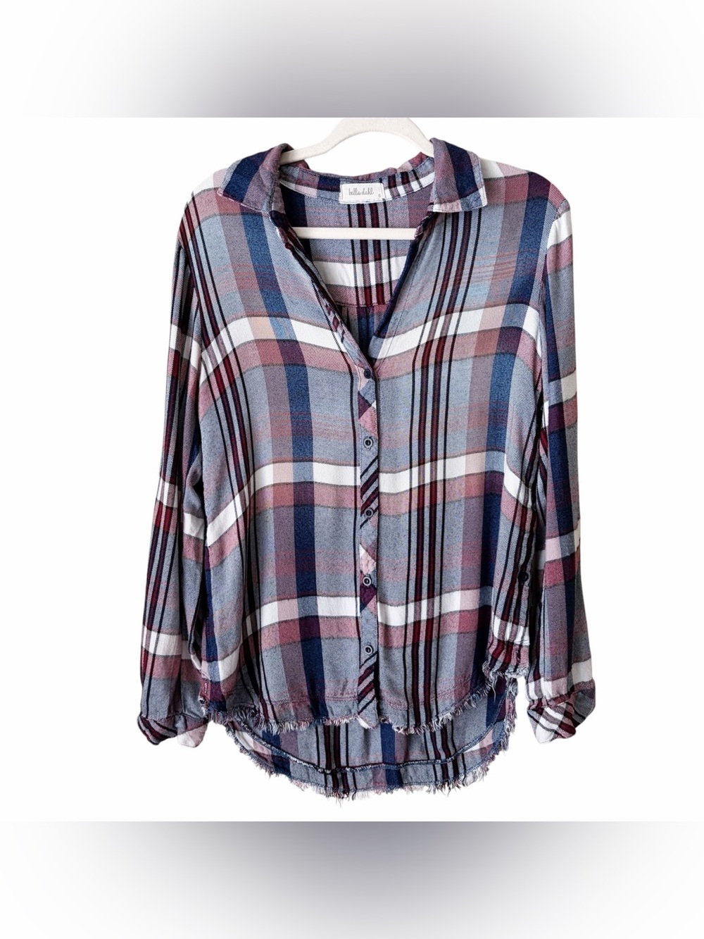 Bella Dahl | Button Front Flannel Tunic Shirt Plaid Fringe Hem Burgundy Small